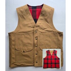 Reversable Filson tan cotton canvas & red/black check Mackinaw wool vest men's L